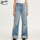 DENHAM春夏女士高腰超阔腿高腰复古水洗破洞蓝色剪刀牛仔裤 YAYOI