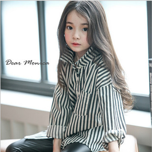【竖条衬衫】韩版女童条纹棉麻秋冬长身宽松版印花衬衣外套
