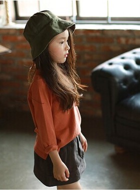 新款韩版女童纯色圆领长袖打底衫儿童春秋橙色休闲体恤