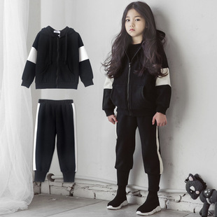 韩版女童运动套装冬款中大童加绒加厚连帽卫衣两件套中大童 无