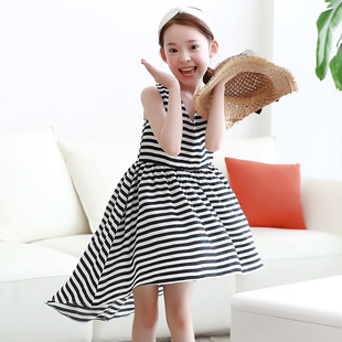 夏季新款不规则韩版童装V领连衣裙无袖条纹雪纺女童前短长后童裙