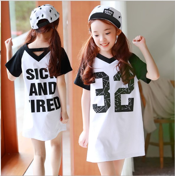 童装白色韩版长款纯棉短袖连衣裙