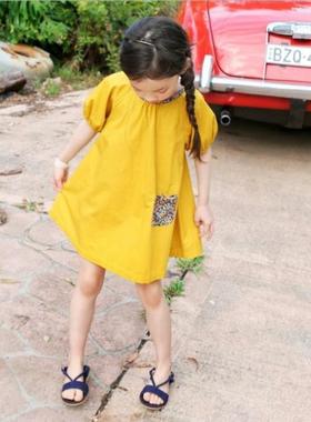 韩版黄色短袖夏季童装女童新款捆条花边口袋连衣裙 娃娃裙子