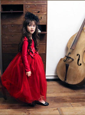 童裙新款女童红色礼服公主裙 春秋冬长袖儿童长款连衣裙