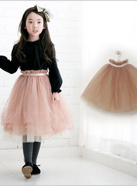 韩版不规则灰色纯色新款淑女高腰多层半身女童纱裙 公主裙子