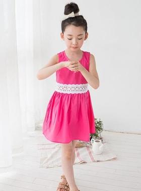 新款百褶吊带裙蓝色夏季夏装童装韩版女蕾丝花拼接无袖儿童裙子