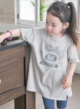 韩国灰色圆领白色短袖童装夏季新款印花休闲宽松纯棉T恤 亲子装