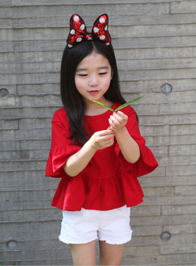 韩版夏季靓红娃娃装小萝莉可爱新款纯色上衣红色女童T恤