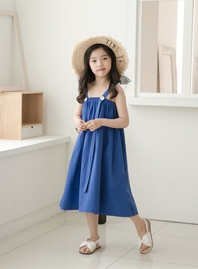 夏季新款蓝色吊带纯棉女童连衣裙INS风沙滩公主长裙女孩儿童裙子