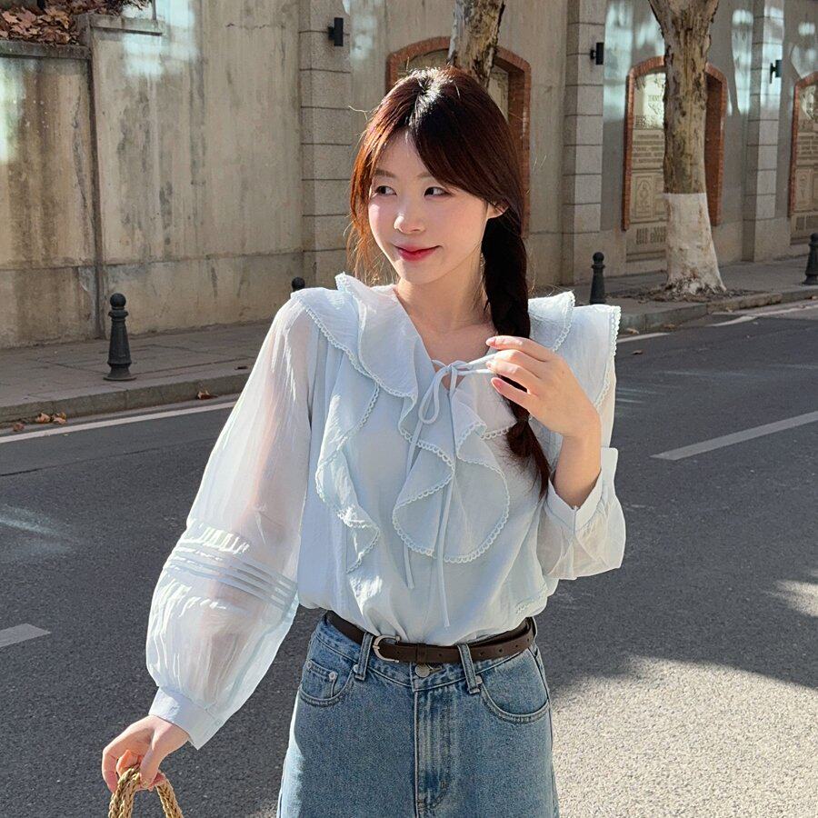 实拍 大码高级感轻奢减龄洋气衬衫2025新款女荷叶领小衫独特上衣