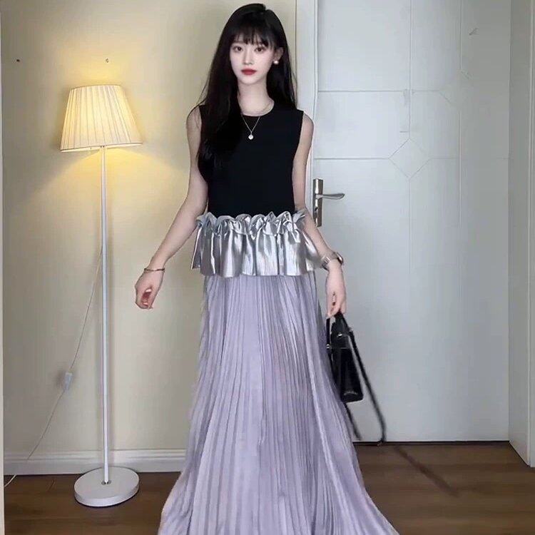 三宅褶皱2025夏装搭配一整套黑银拼接荷叶边无袖上衣紫色百褶半裙