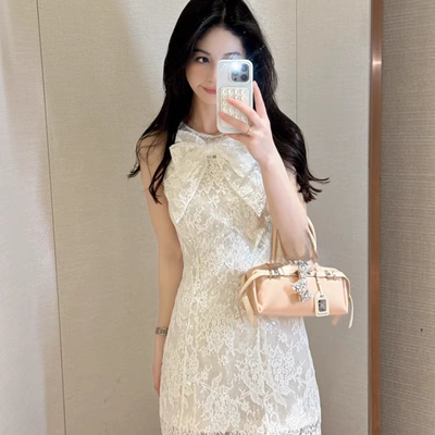 赵露思张元英同款YOYOUNA 蝴蝶结珠片绣花蕾丝白色少女连衣裙