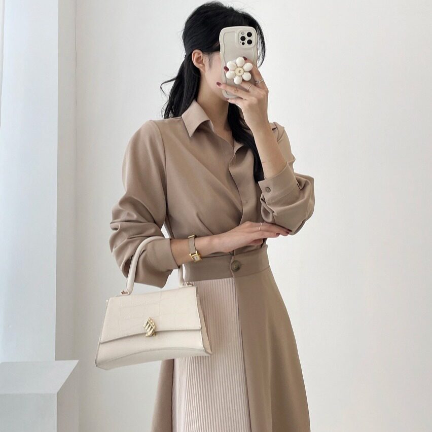 尺寸更新 韩国chic 秋季轻奢时尚气质小众拼色收腰显瘦衬衫连衣裙