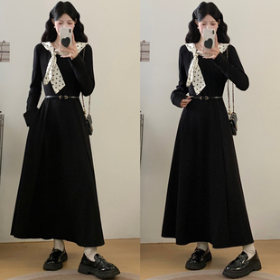 实拍～2025法式温柔赫本风波点丝巾黑色连衣裙收腰显瘦气质长裙