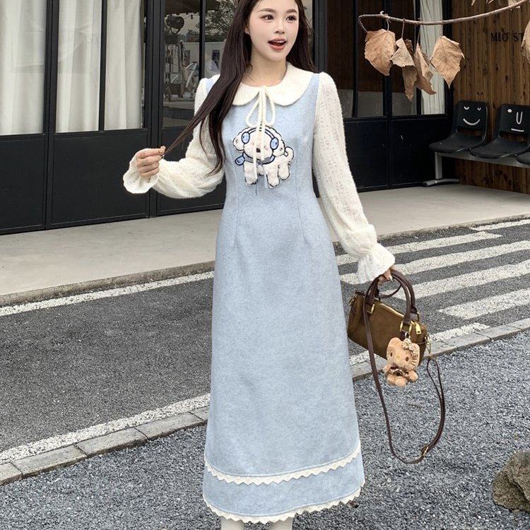 2025秋冬新款韩系胖mm显瘦娃娃领蓝白拼接学院风毛呢连衣裙长裙子