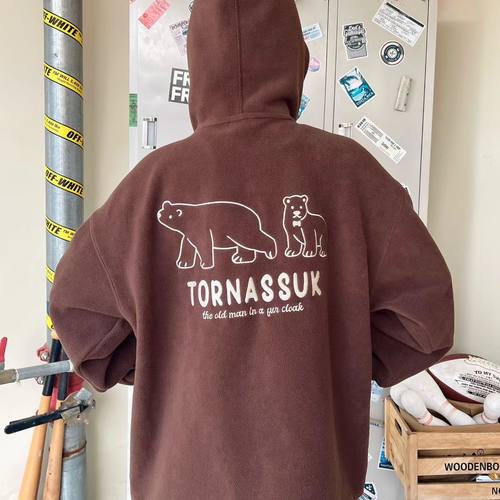 秋冬330克加绒刺绣小熊连帽卫衣