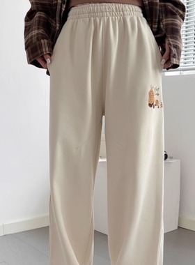 纸袋家早秋新款「双股毛圈慵懒刺绣休闲裤」09060微阔显瘦长裤