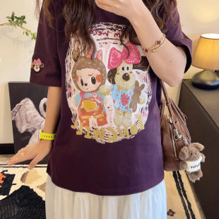 T恤 加厚短袖 纸袋家早秋新款 印花牵手布布3831纯棉双纱韩版