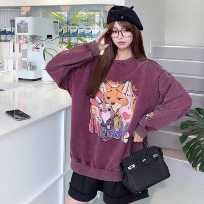 秋季印花狐狸兔子毛圈炒色卫衣