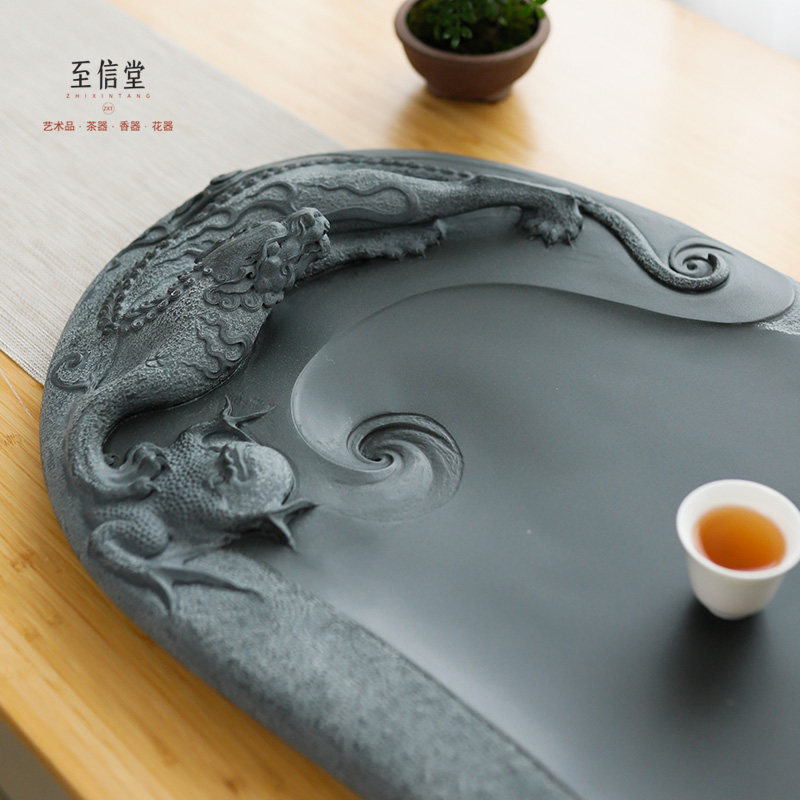 至信堂大师作品手工雕刻天罗绿茶盘中式办公高端茶台天狗戏金蟾