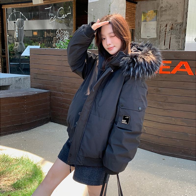 白色工装冲锋衣羽绒棉服女25新款韩系毛领连帽派克服加厚宽松外套