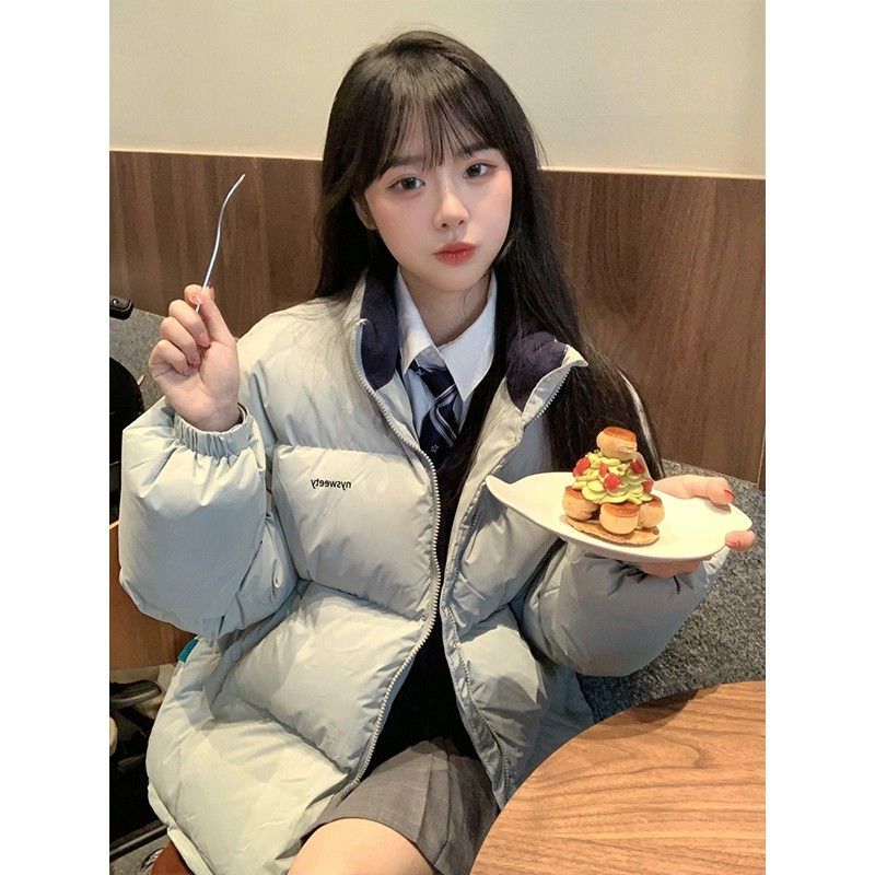 灰蓝色羽绒棉服女短款2025冬季新款超好看泡芙面包服加厚棉袄外套