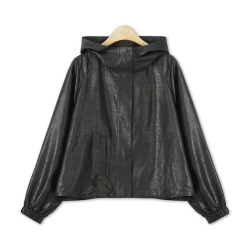 100%桑蚕丝烤皮香云纱连帽衫