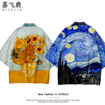 梵高星月夜向日葵长袖七分袖男女美式复古羽织开衫道袍油画风睡衣