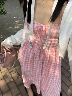 大美自制150小个子粉色格子裙 很夏天长裙裙 法式露背吊带连衣裙