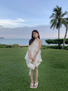 DAMEI大美欧根纱+刺绣+蕾丝花边+立体花朵中长款漂亮露背连衣裙女