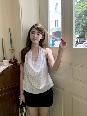醋酸波点蕾丝挂脖上衣背心