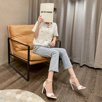 2021夏季新款高跟鞋细跟方头露趾韩版绒面时尚一字带网红女凉鞋