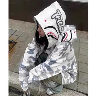 春秋冬季鲨鱼搞怪连帽拉链卫衣男女国潮双帽迷彩开衫休闲加绒外套