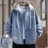 潮牌复古连帽夹克宽松衬衫 牛仔外套男春秋季 新款 青少年学生休闲潮