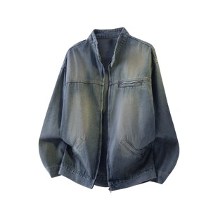 春秋季水洗做旧痞帅高级感牛仔外套男潮牌欧美街头飞行员立领夹克