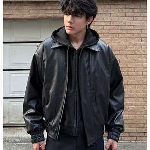 美式复古垫肩廓形皮衣夹克男女cleanfit街头短款百搭休闲情侣外套