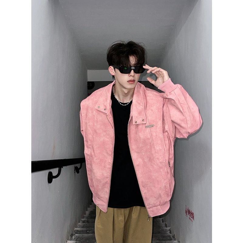 粉色扎染pu皮衣潮男高级感痞帅外套秋冬美式机车服飞行员皮夹克衫