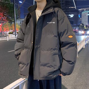 假两件连帽棉衣外套男款冬季加绒加厚保暖羽绒棉服男生潮牌棉袄子