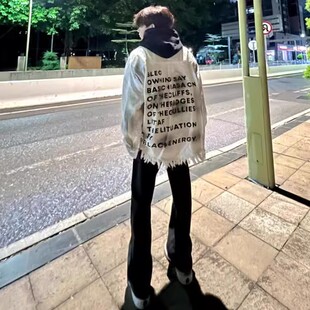 欧美街头潮牌休闲vintage牛仔外套男春秋季印花字母破坏高街夹克