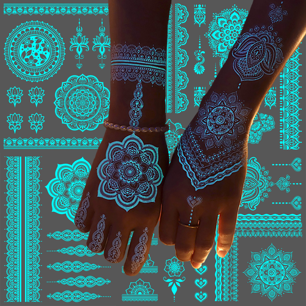 夜光蕾丝纹身贴曼陀罗图腾星月花纹精美手臂腕锁骨腿部面部纹身贴