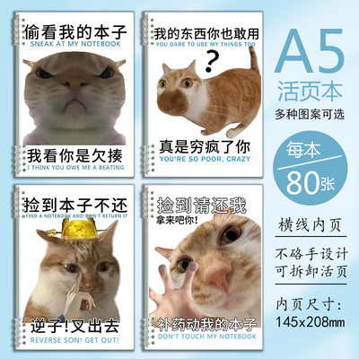 搞怪沙雕小猫表情包学生本子笔记本日记本可爱活页本横线作业本A5