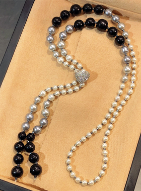 叠戴轻奢高级感可拆项链爱心满钻个性设计渐变拼色珍珠毛衣链配饰