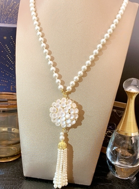 秋冬法式珍珠满钻猫眼石项链女超闪精致高级感晚宴轻奢长款毛衣链