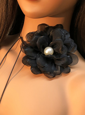 复古超大花系带项链珍珠绑带