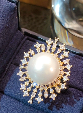 夸张复古满钻闪钻超闪宫廷风大珍珠戒指开口重工水钻优雅食指戒女