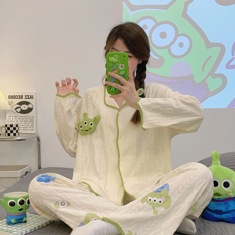 睡衣女春秋季开衫长袖长裤韩版卡通可爱棉质女士甜美家居服套装