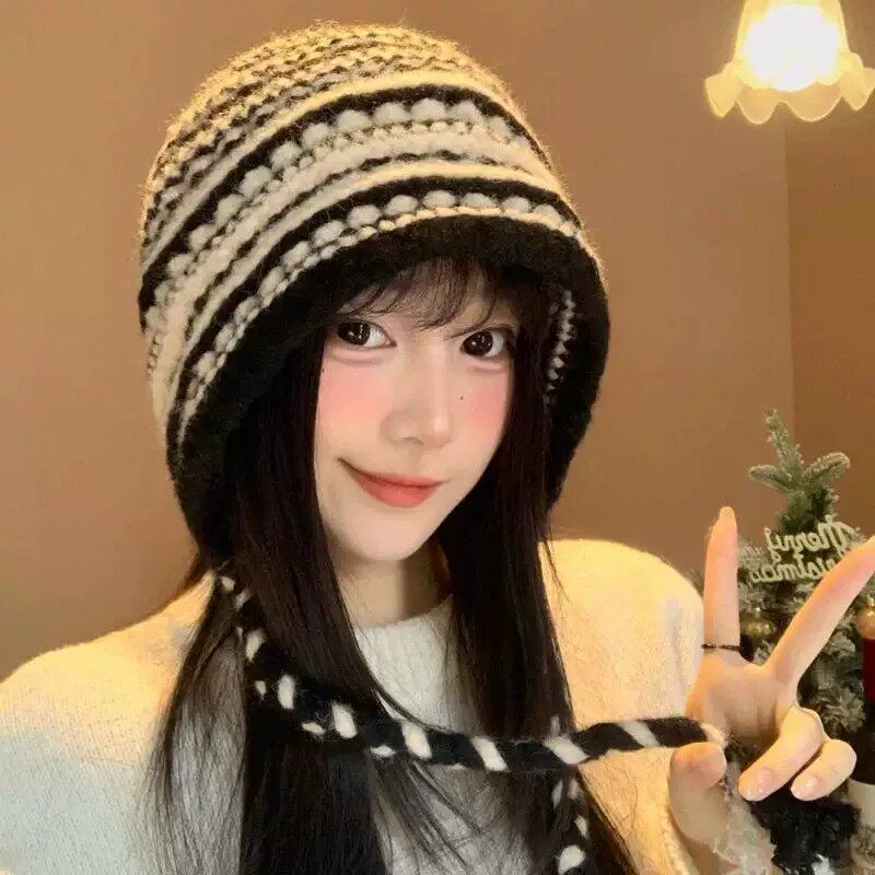 复古条纹针织护耳帽女秋冬保暖防寒包头帽子显脸小显头小针织帽子