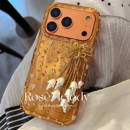 ins秋冬氛围感金棕色碎花适用iPhone17promax手机壳苹果16promax铃兰花流苏15pro气质女款14小众高级双层防摔