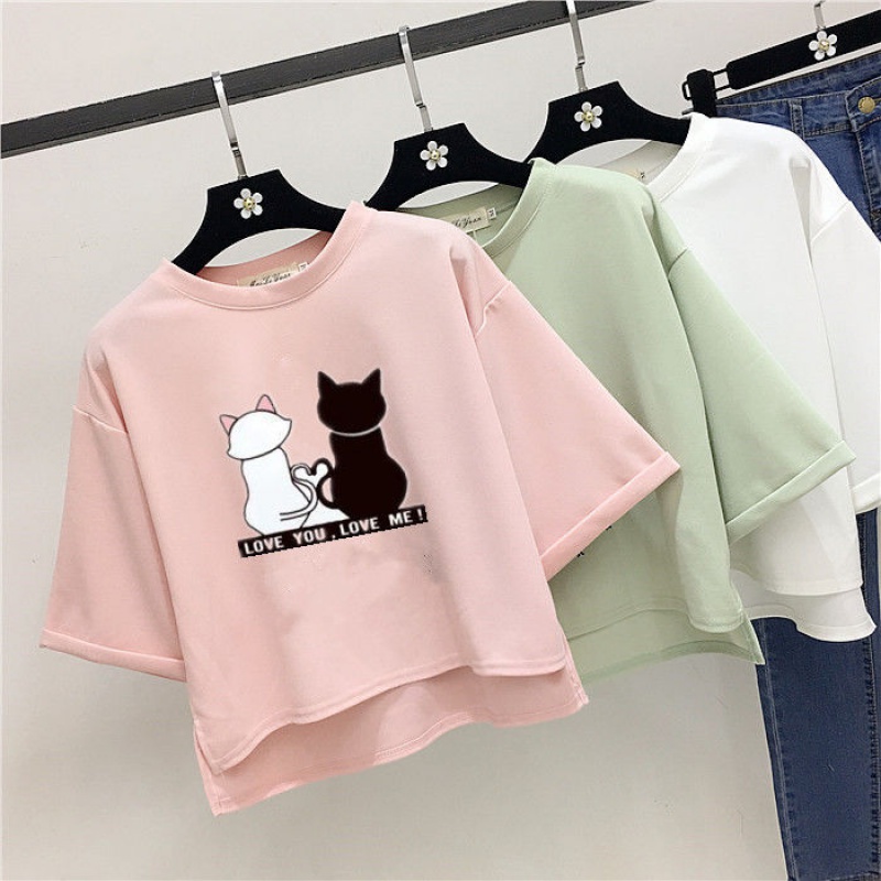 夏季韩版短T恤学生宽松百搭七分袖高腰短款上衣女生蝙蝠衫半袖