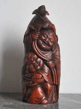 竹根雕喜庆摆件二圣客厅